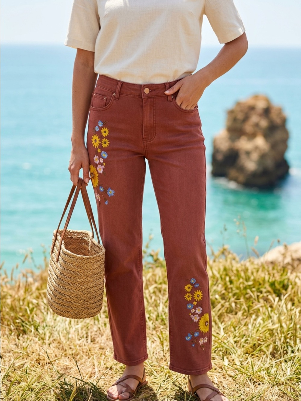 High-Rise Rust Floral Embroidered Women’s Jeans
